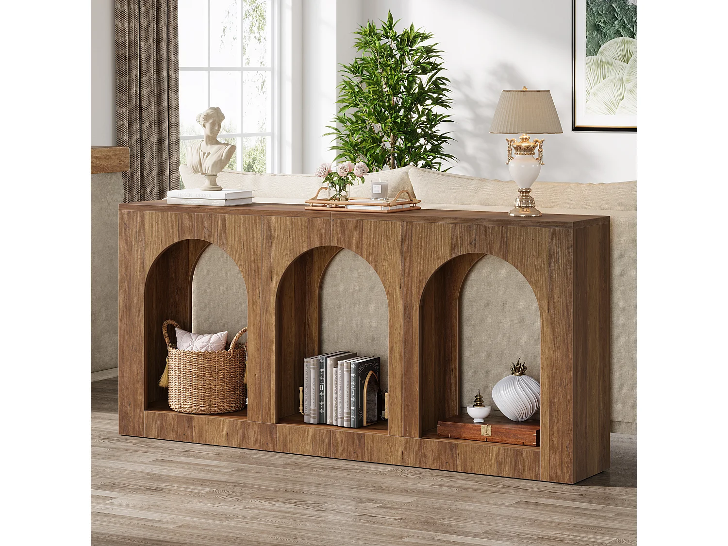 Console, table d'entrée avec 3 étagères cintrées, tables d'entrée avec rangement pour hall d'entrée