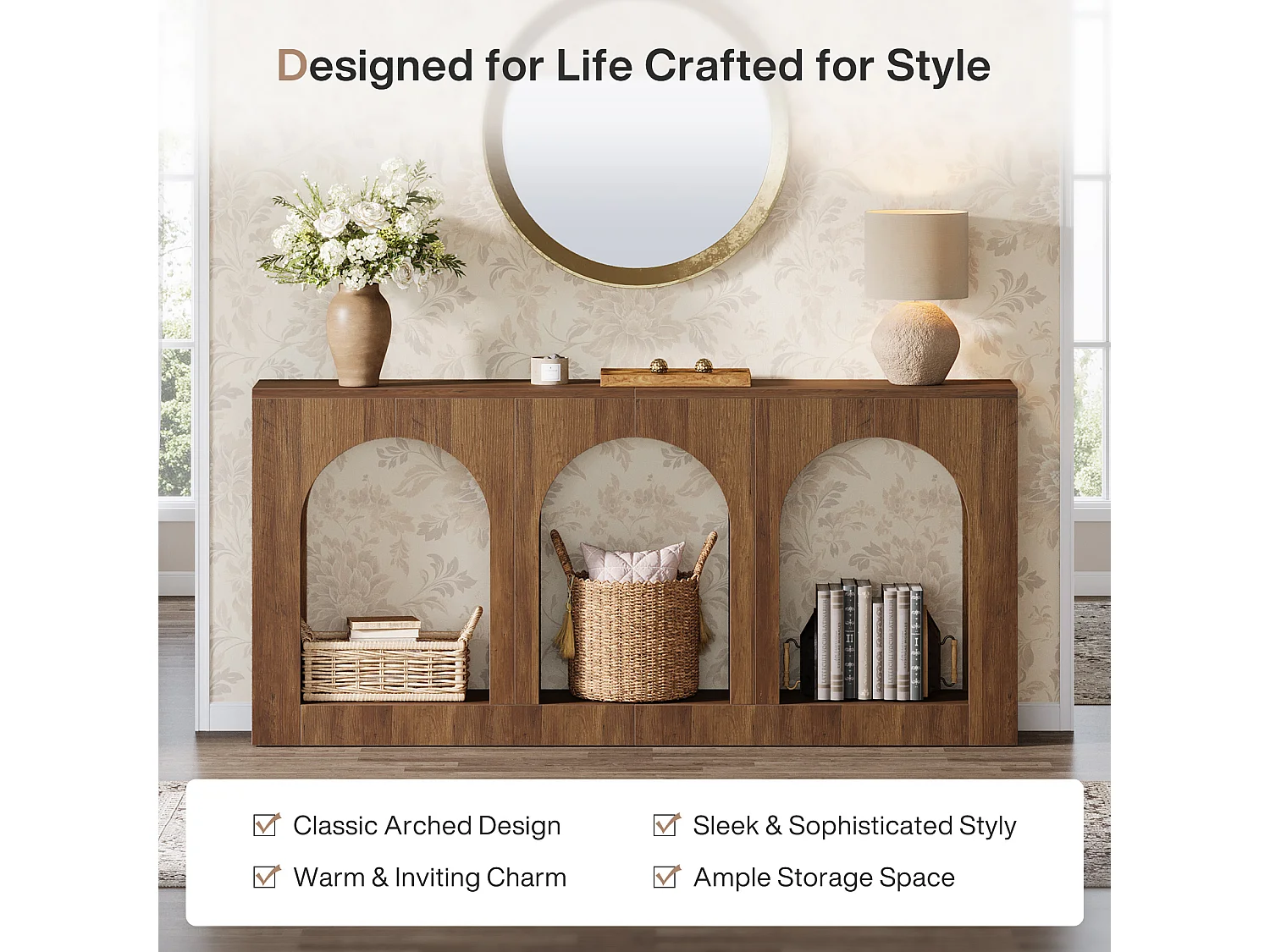 Console, table d'entrée avec 3 étagères cintrées, tables d'entrée avec rangement pour hall d'entrée