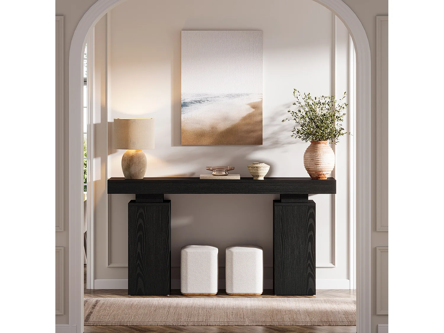 160 cm langt konsolbord, landligt entrébord bag sofaen, moderne entrémøbler til stuen