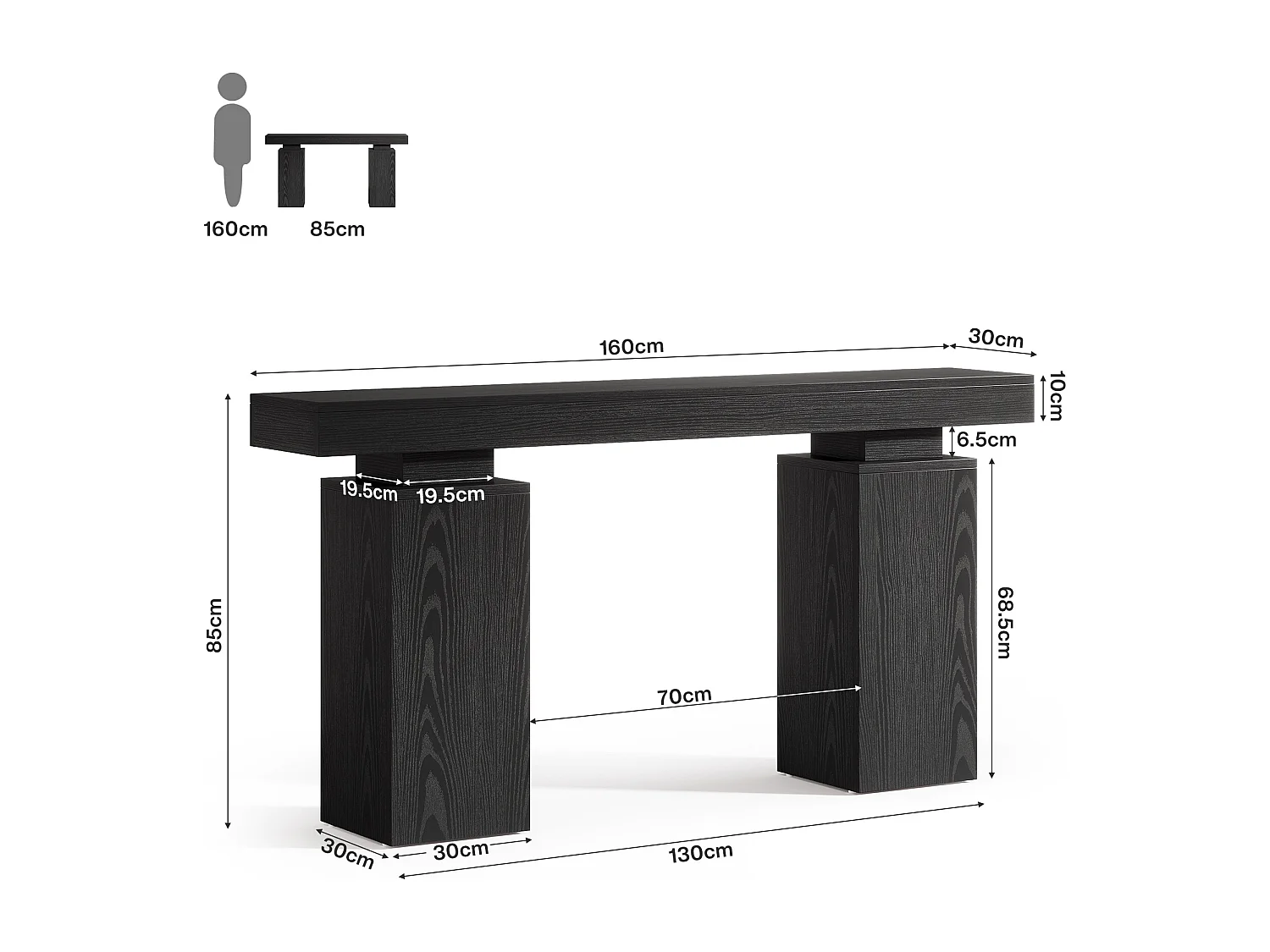 160 cm langt konsolbord, landligt entrébord bag sofaen, moderne entrémøbler til stuen