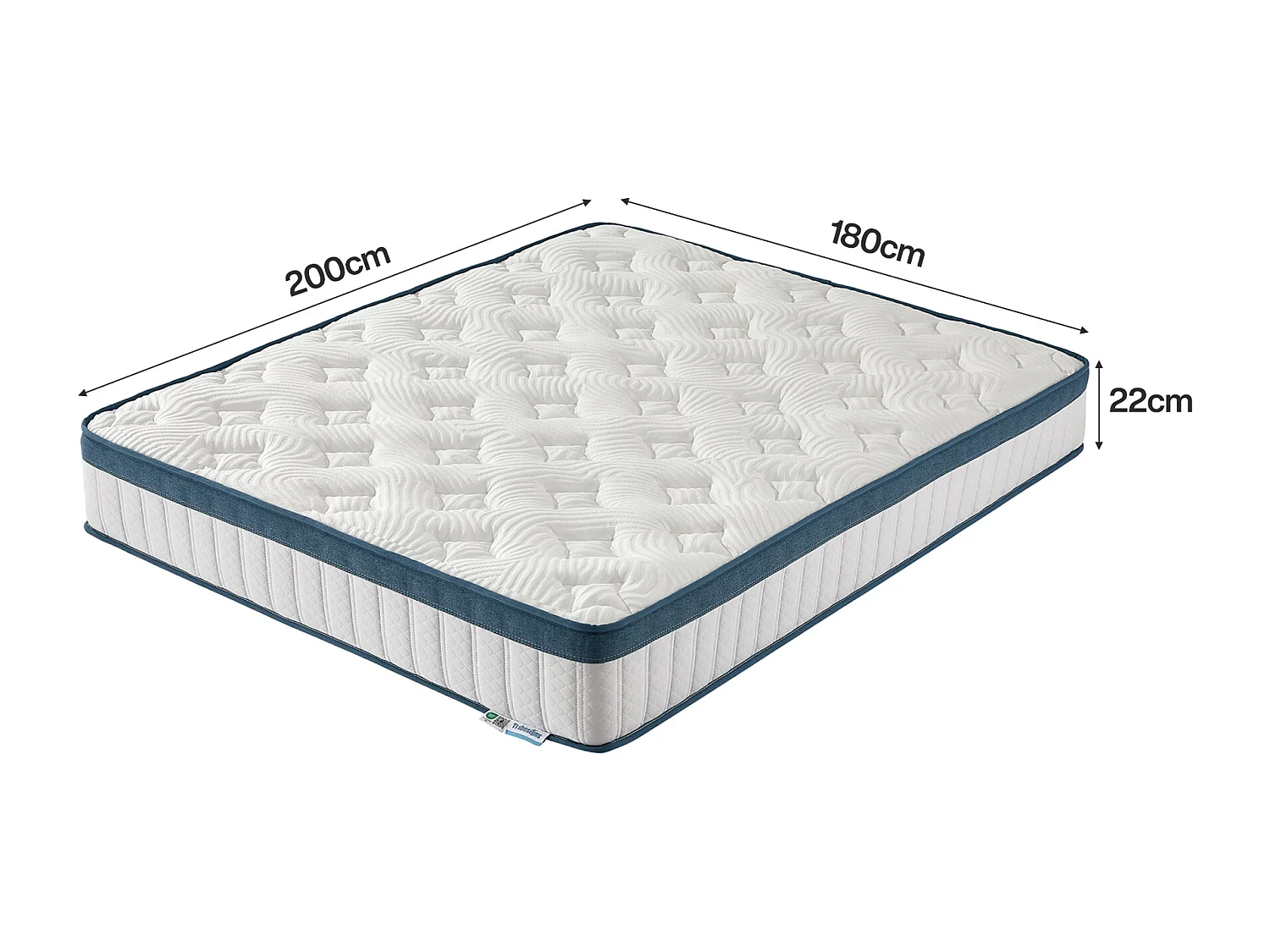 Matelas 180 x 200 cm, hauteur 22 cm, matelas à ressorts ensachés, dureté moyenne H3, matelas à ressorts avec mousse à mémoire de forme en gel