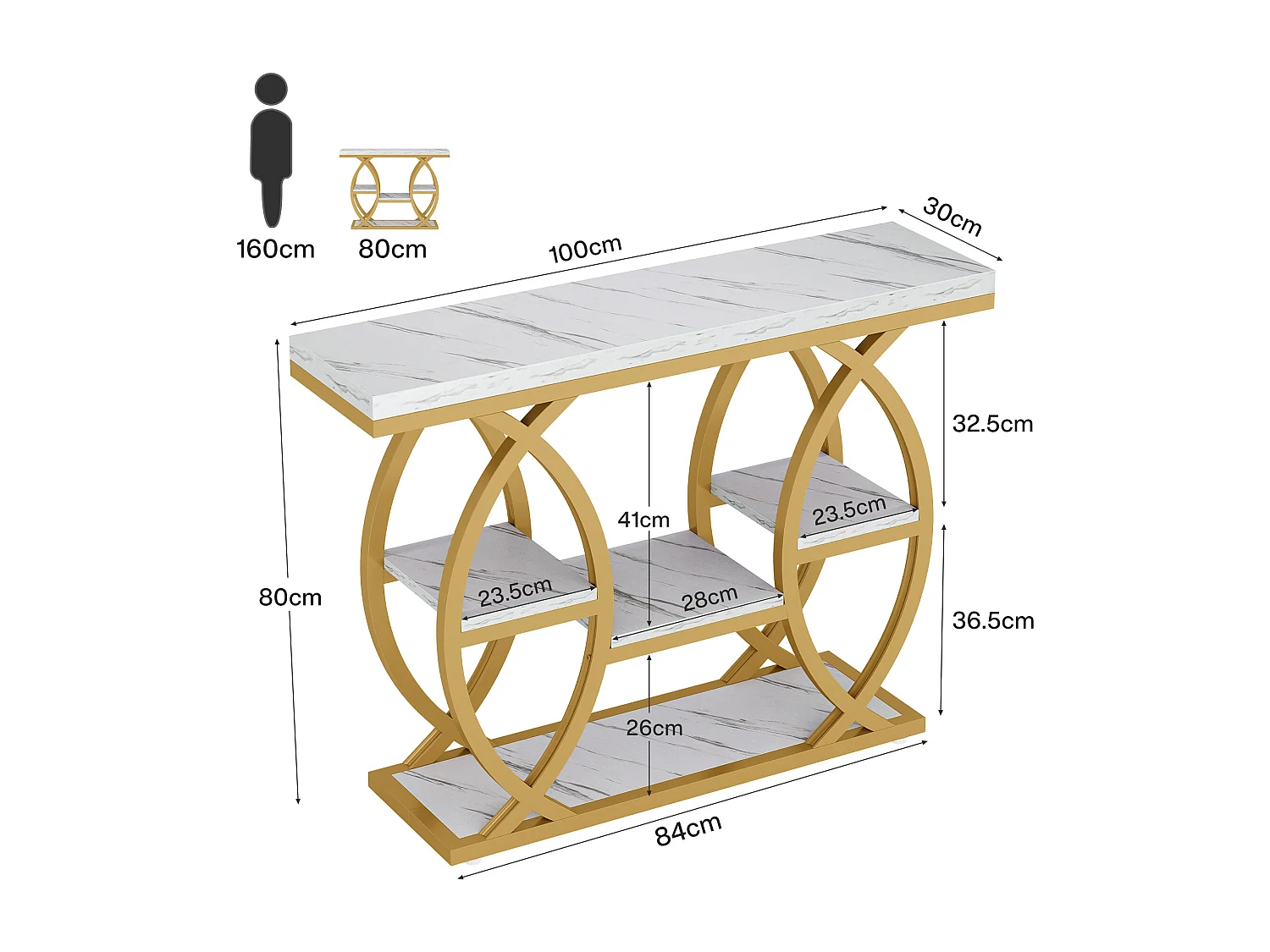 4-laags salontafel/haltafel met opbergplanken, smalle bijzettafels witgoud