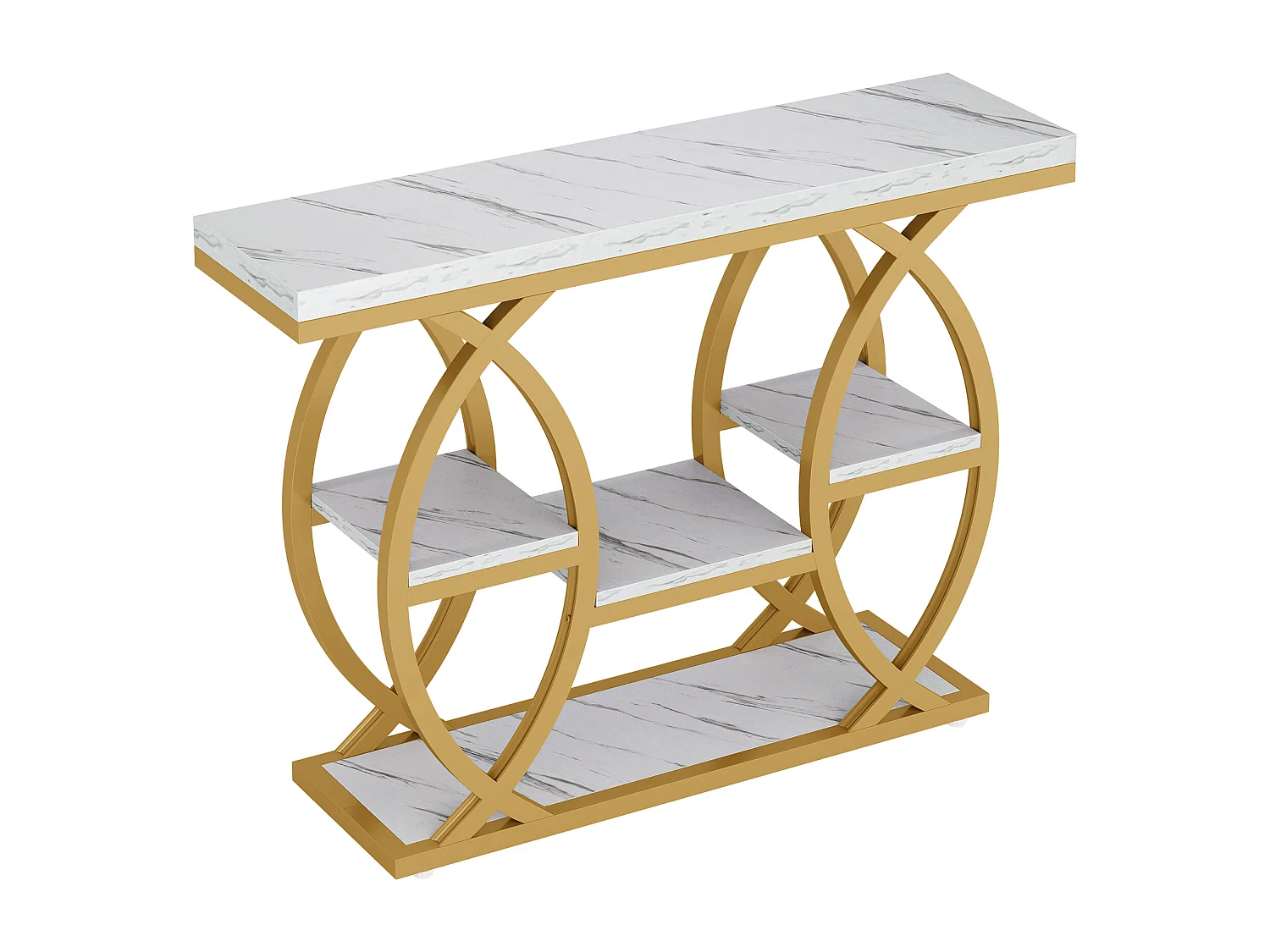 4-laags salontafel/haltafel met opbergplanken, smalle bijzettafels witgoud