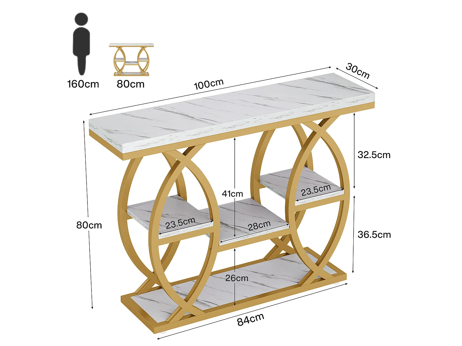 Table d'entrée à 4 niveaux avec étagères de rangement, table d'appoint étroite blanche et dorée