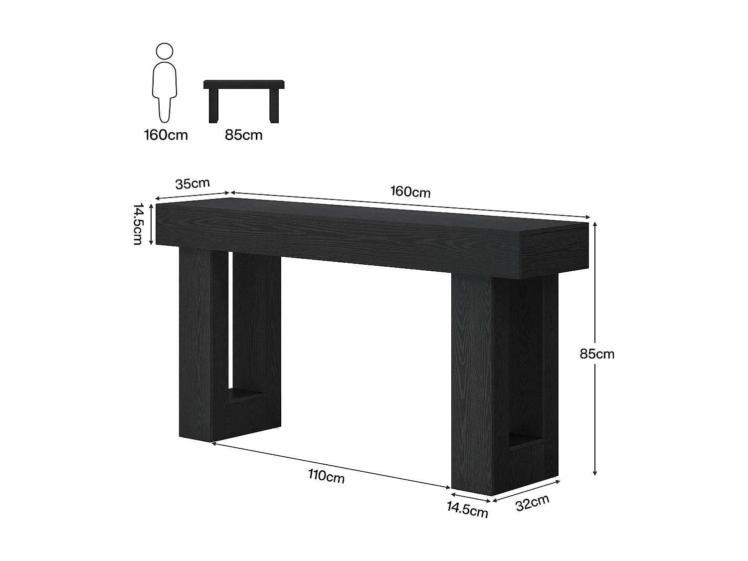 Konsole, 160 cm Bauernhaus-Eingangstisch, rechteckiger Holz-Akzent-Konsole für Eingang, Flur & Wohnzimmer (Schwarz)