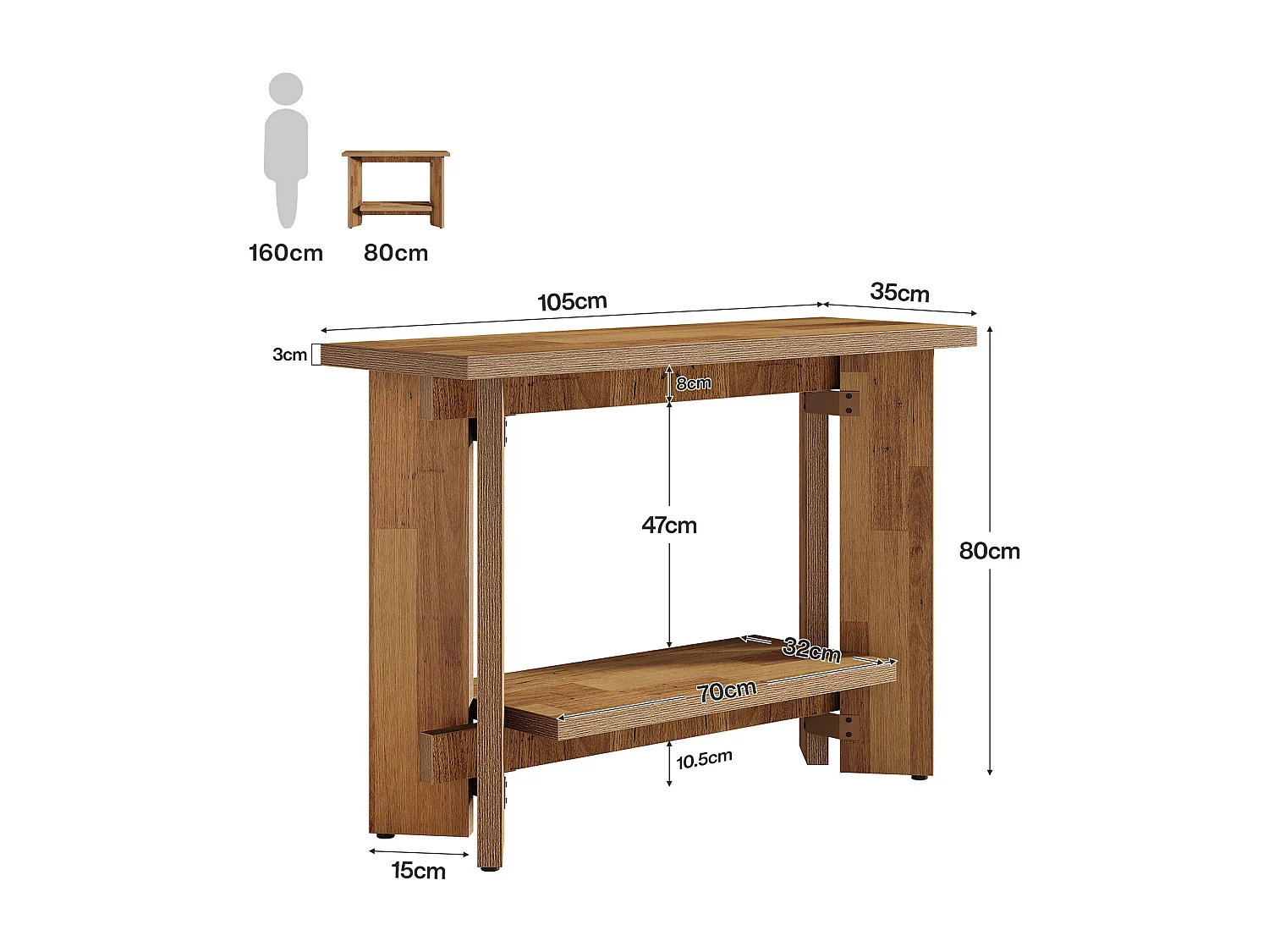 Mesa de Console de Sofá Rústico com Prateleira de Armazenamento, Mesa de Entrada Pequena de 2 Andares