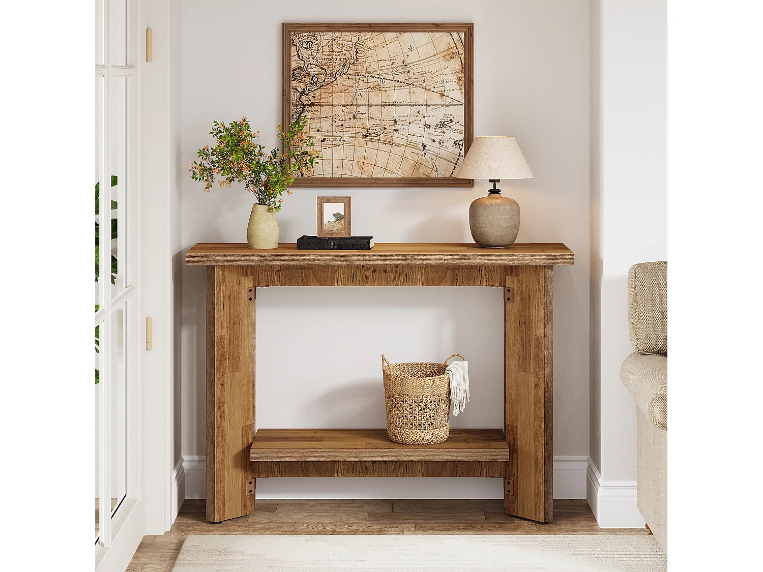 Mesa de Console de Sofá Rústico com Prateleira de Armazenamento, Mesa de Entrada Pequena de 2 Andares