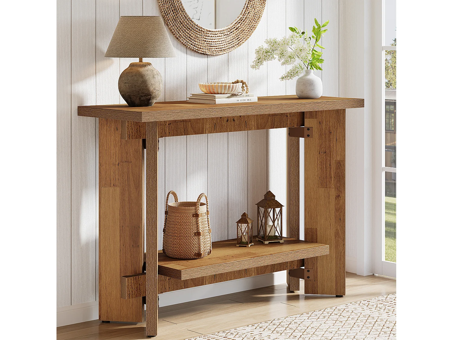 Mesa de Console de Sofá Rústico com Prateleira de Armazenamento, Mesa de Entrada Pequena de 2 Andares