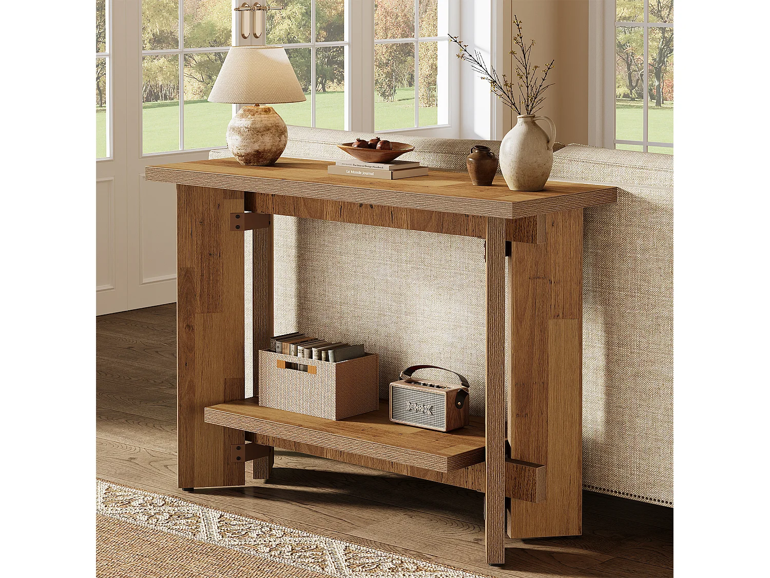 Mesa de Console de Sofá Rústico com Prateleira de Armazenamento, Mesa de Entrada Pequena de 2 Andares