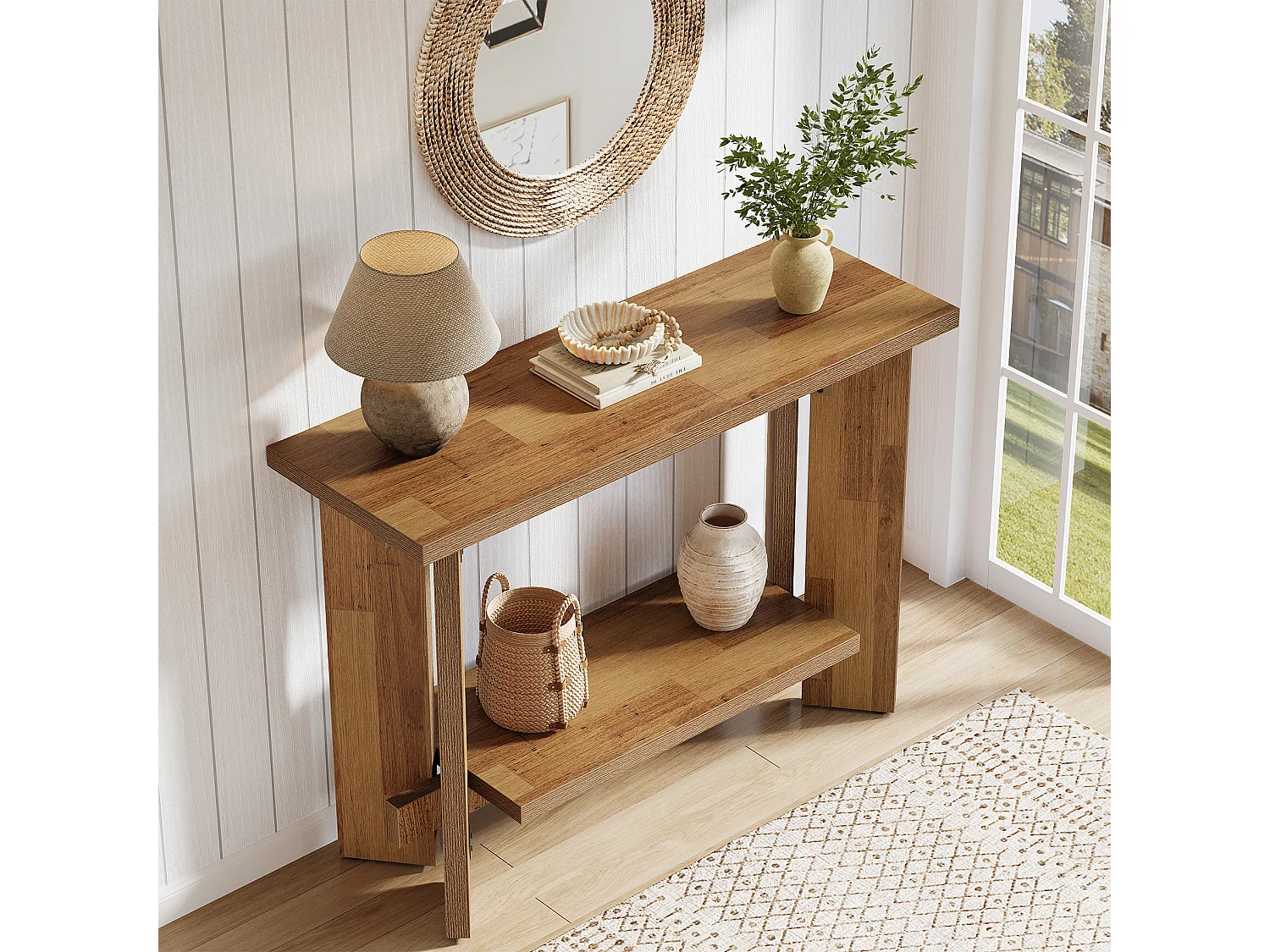 Mesa de Console de Sofá Rústico com Prateleira de Armazenamento, Mesa de Entrada Pequena de 2 Andares
