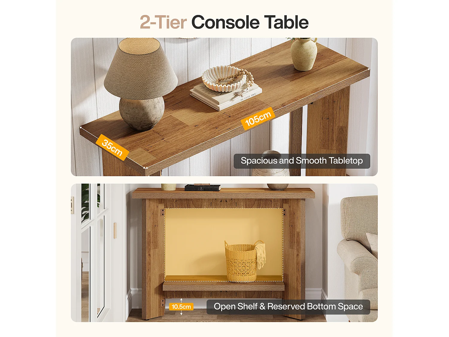 Mesa de Console de Sofá Rústico com Prateleira de Armazenamento, Mesa de Entrada Pequena de 2 Andares