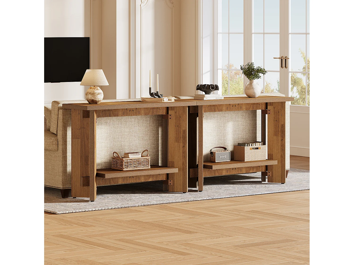 Mesa de Console de Sofá Rústico com Prateleira de Armazenamento, Mesa de Entrada Pequena de 2 Andares