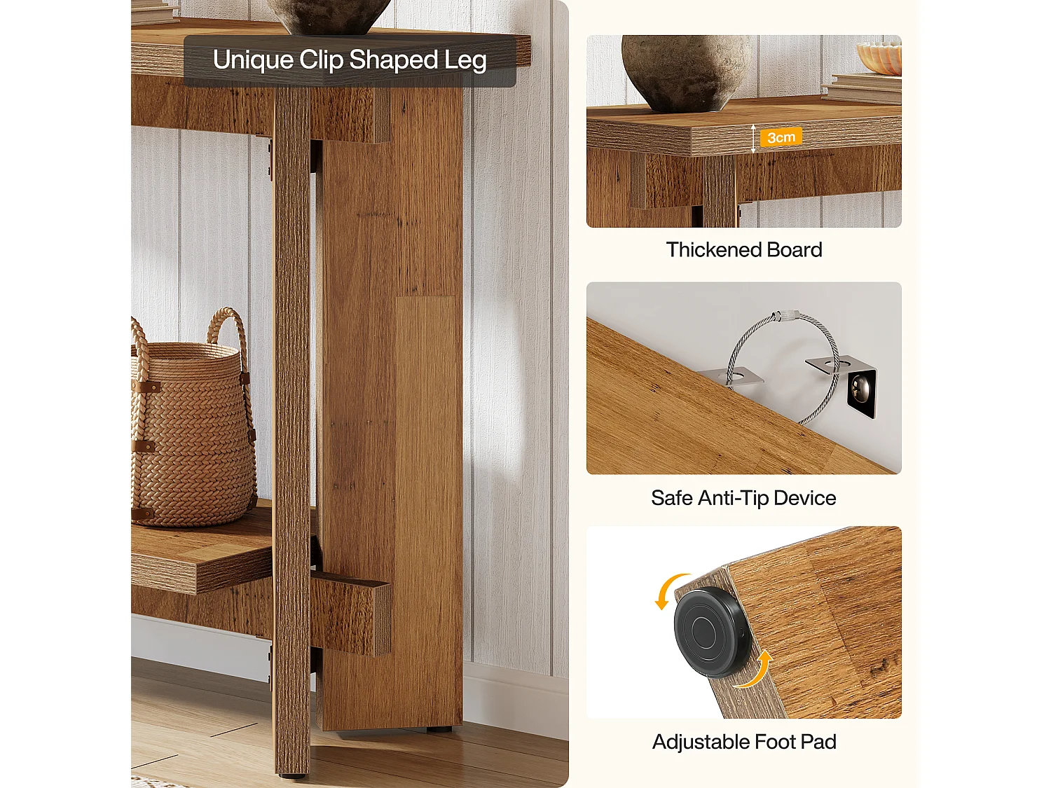 Mesa de Console de Sofá Rústico com Prateleira de Armazenamento, Mesa de Entrada Pequena de 2 Andares