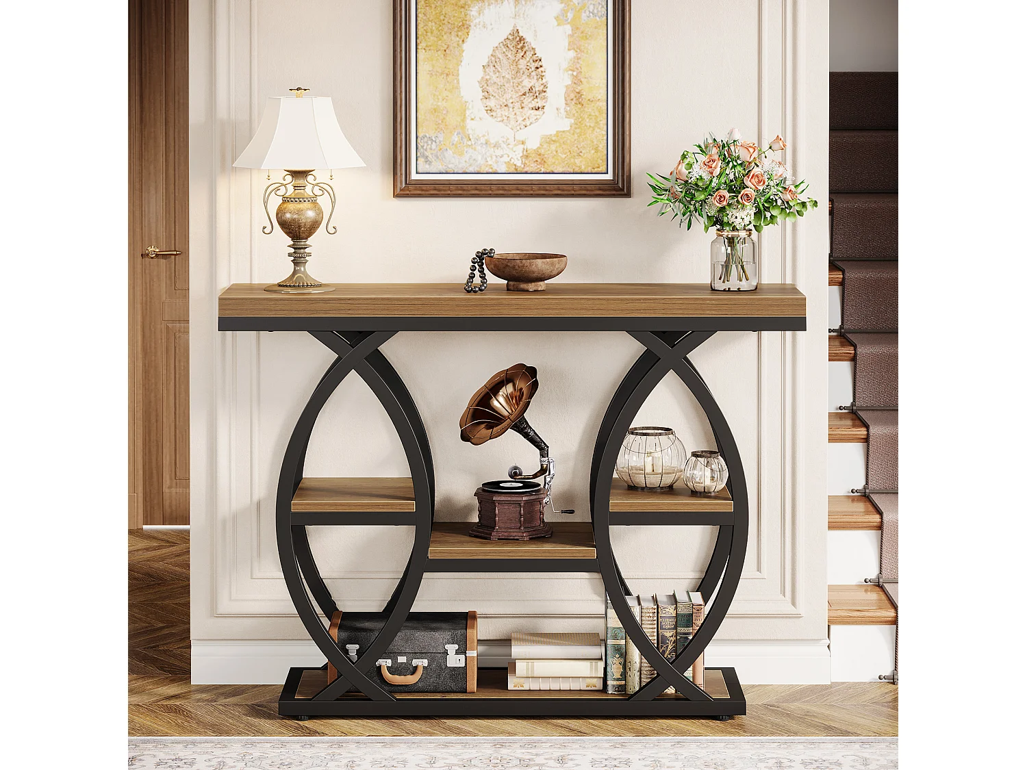 Table d'entrée industrielle à 4 niveaux avec étagères de rangement, tables d'appoint étroites