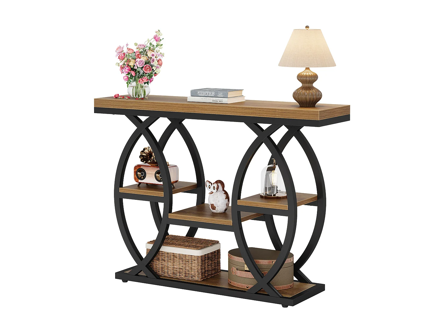 Table d'entrée industrielle à 4 niveaux avec étagères de rangement, tables d'appoint étroites