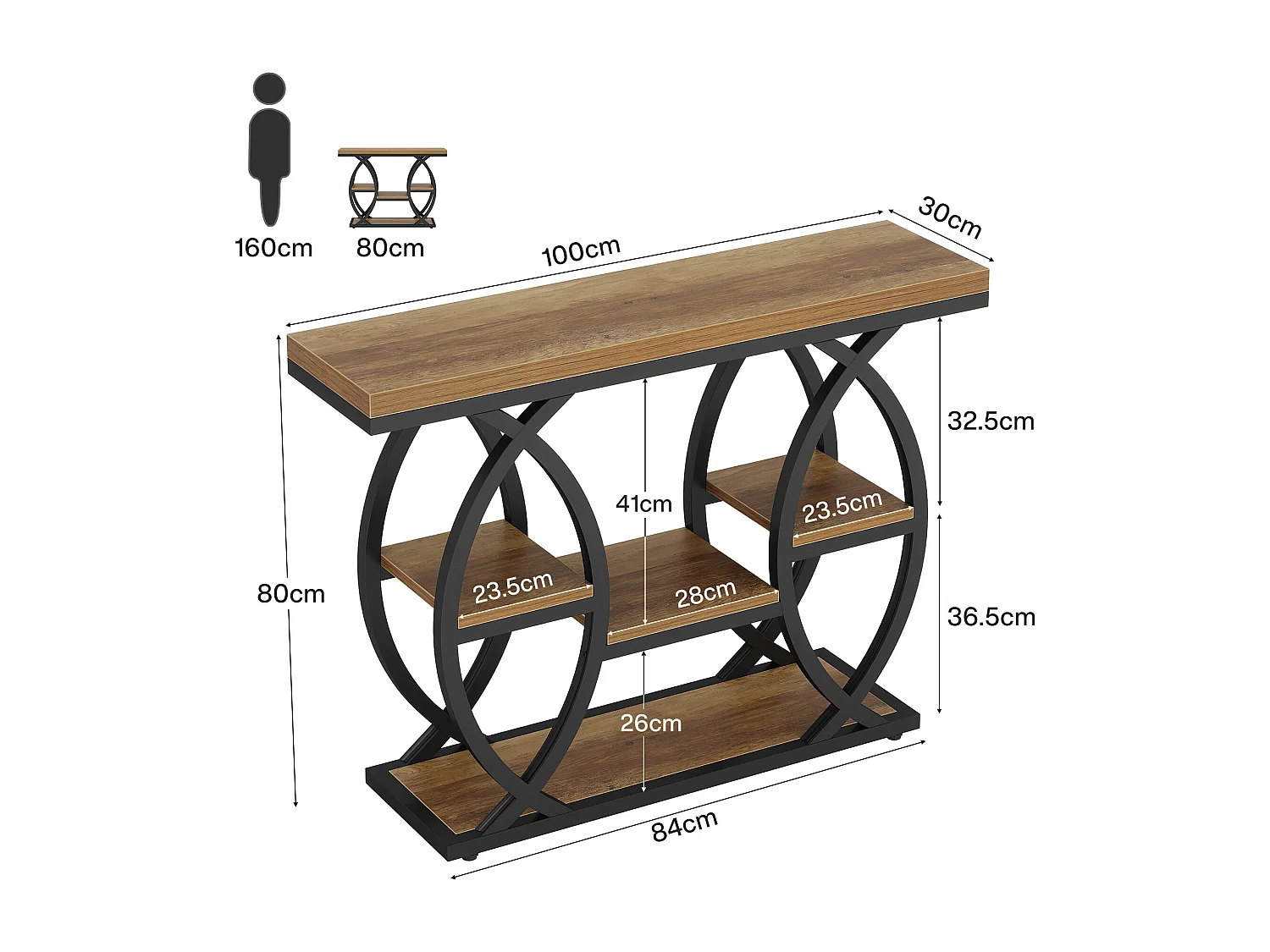 Table d'entrée industrielle à 4 niveaux avec étagères de rangement, tables d'appoint étroites