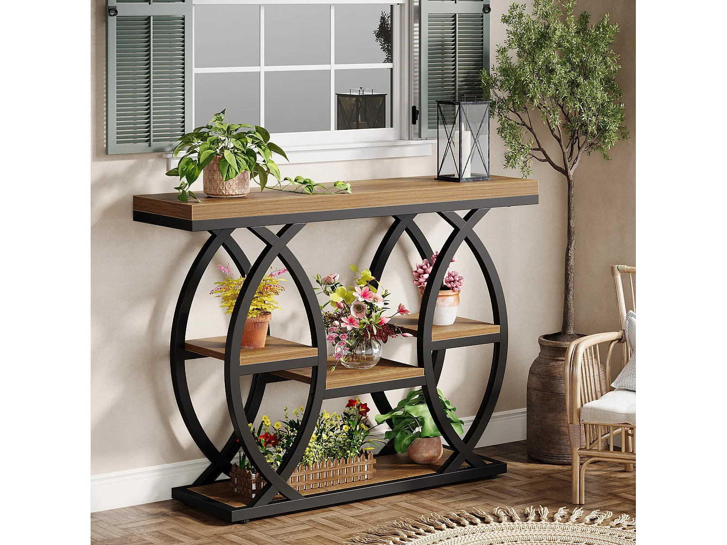 Table d'entrée industrielle à 4 niveaux avec étagères de rangement, tables d'appoint étroites