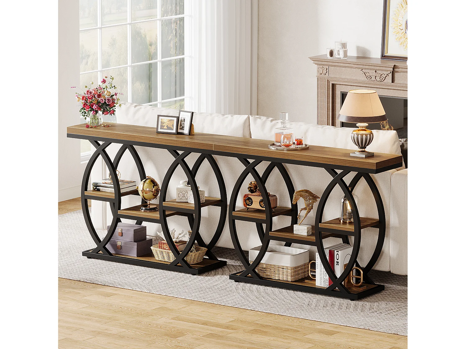 Table d'entrée industrielle à 4 niveaux avec étagères de rangement, tables d'appoint étroites