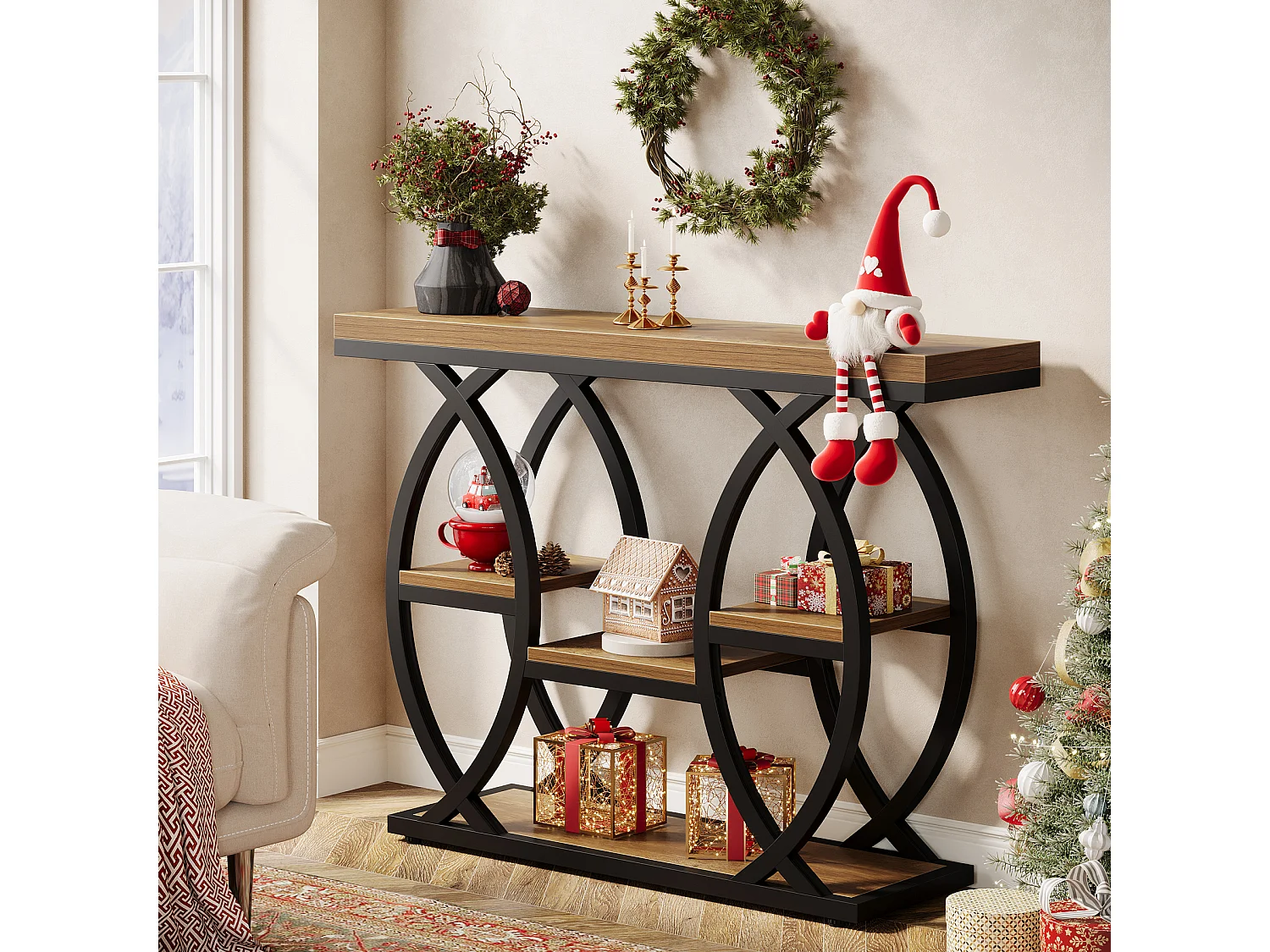 Table d'entrée industrielle à 4 niveaux avec étagères de rangement, tables d'appoint étroites