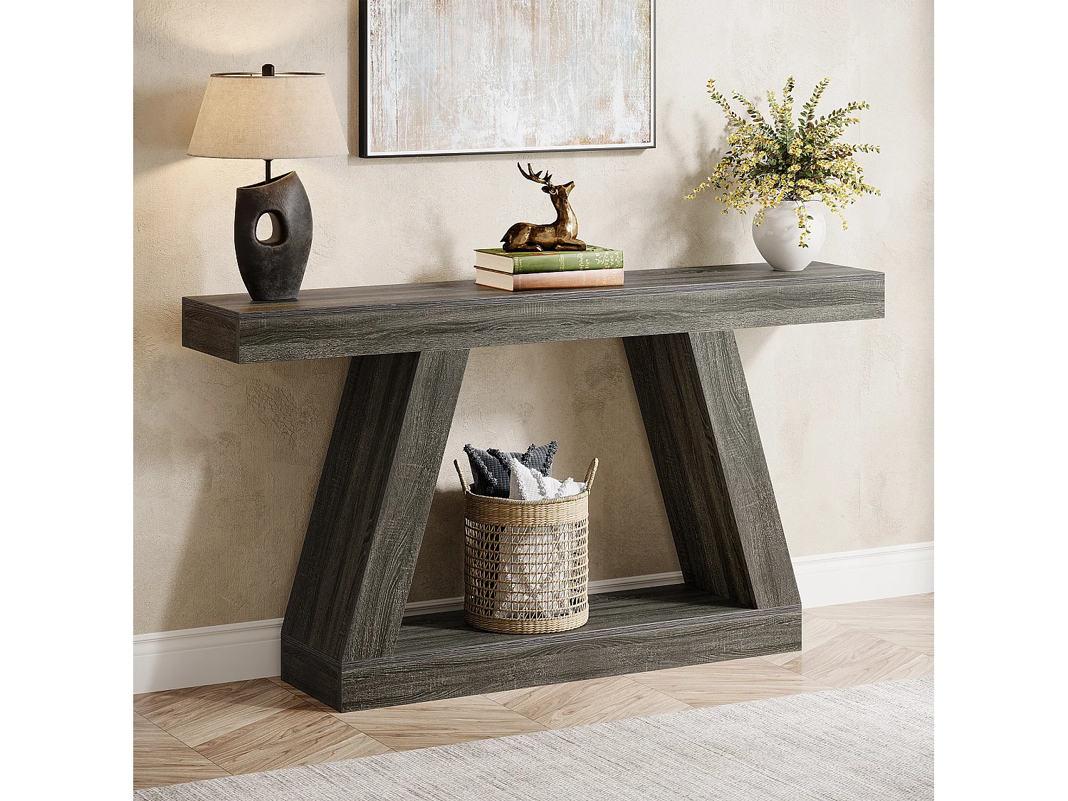 Consoletafel, 140 cm, rustieke bijzettafel met opbergruimte, haltafel, woonkamertafel, grijs