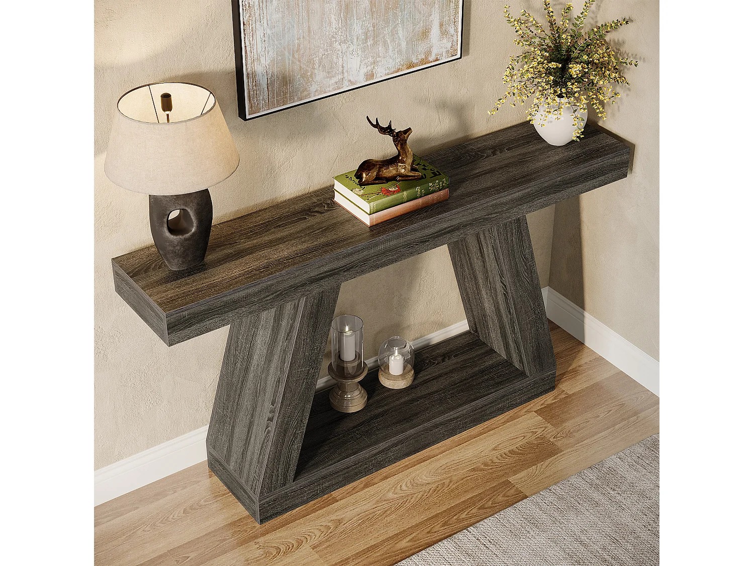 Consoletafel, 140 cm, rustieke bijzettafel met opbergruimte, haltafel, woonkamertafel, grijs