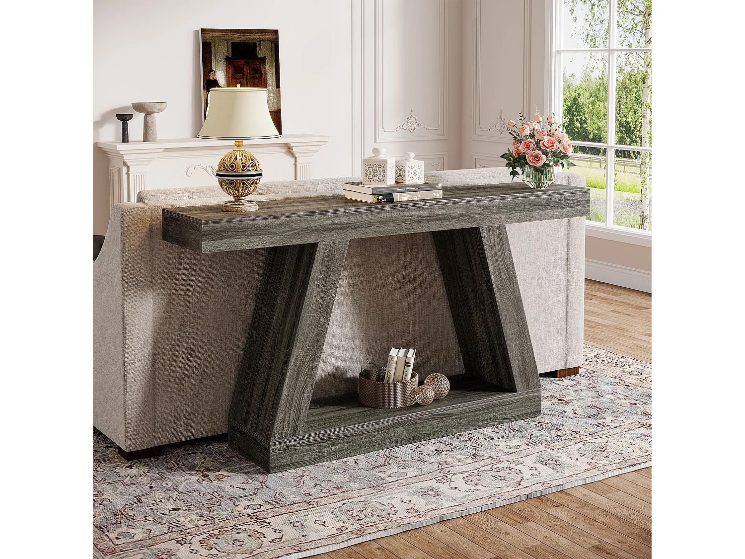 Consoletafel, 140 cm, rustieke bijzettafel met opbergruimte, haltafel, woonkamertafel, grijs