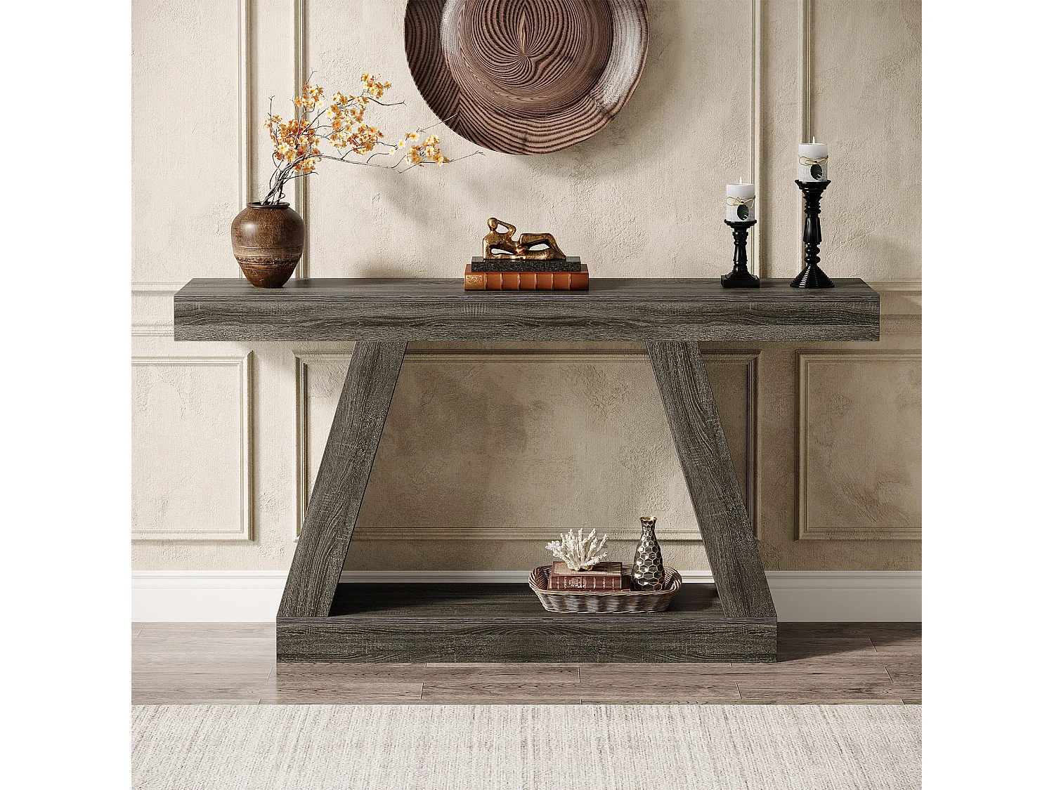 Console rustique de 140 cm avec rangement, idéale pour une entrée, un couloir ou un salon, grise.