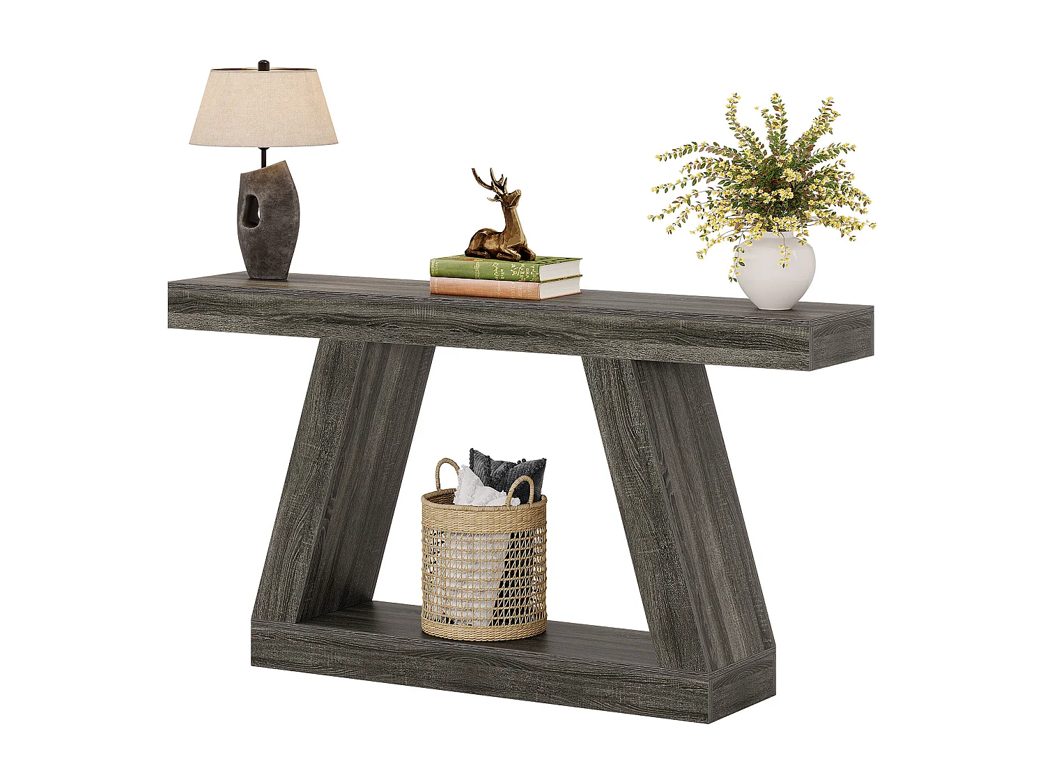 Console rustique de 140 cm avec rangement, idéale pour une entrée, un couloir ou un salon, grise.