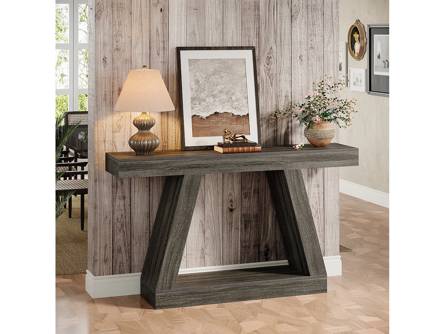 Console rustique de 140 cm avec rangement, idéale pour une entrée, un couloir ou un salon, grise.