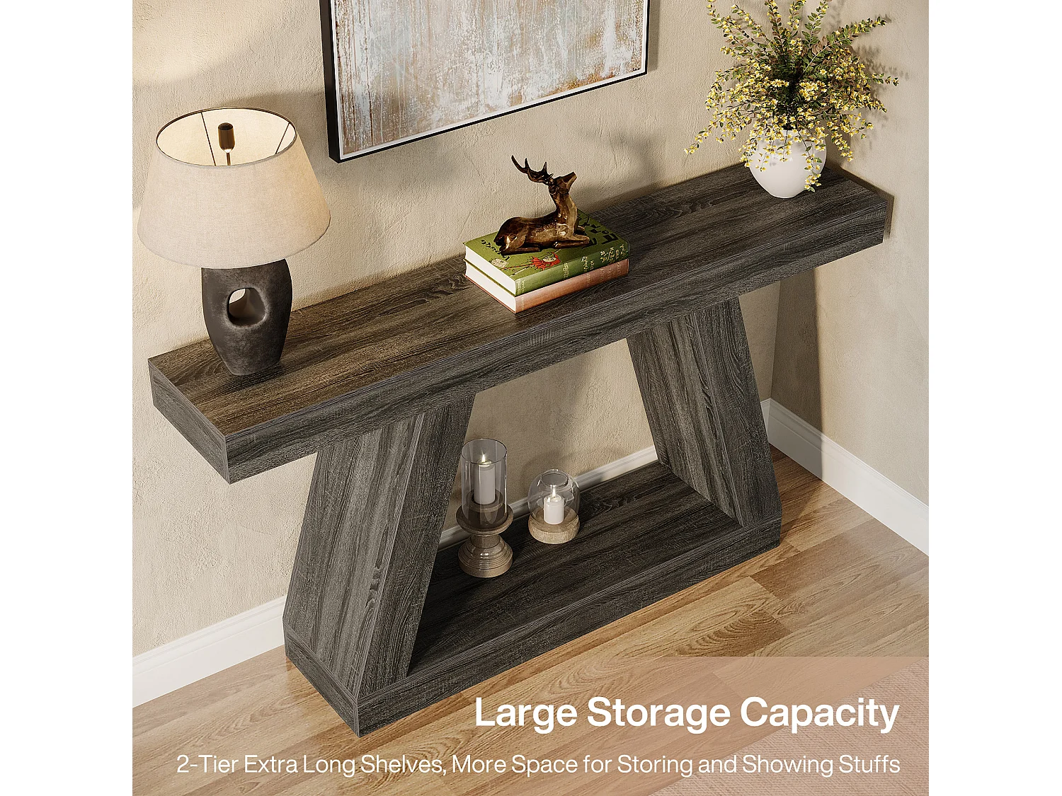 Console rustique de 140 cm avec rangement, idéale pour une entrée, un couloir ou un salon, grise.