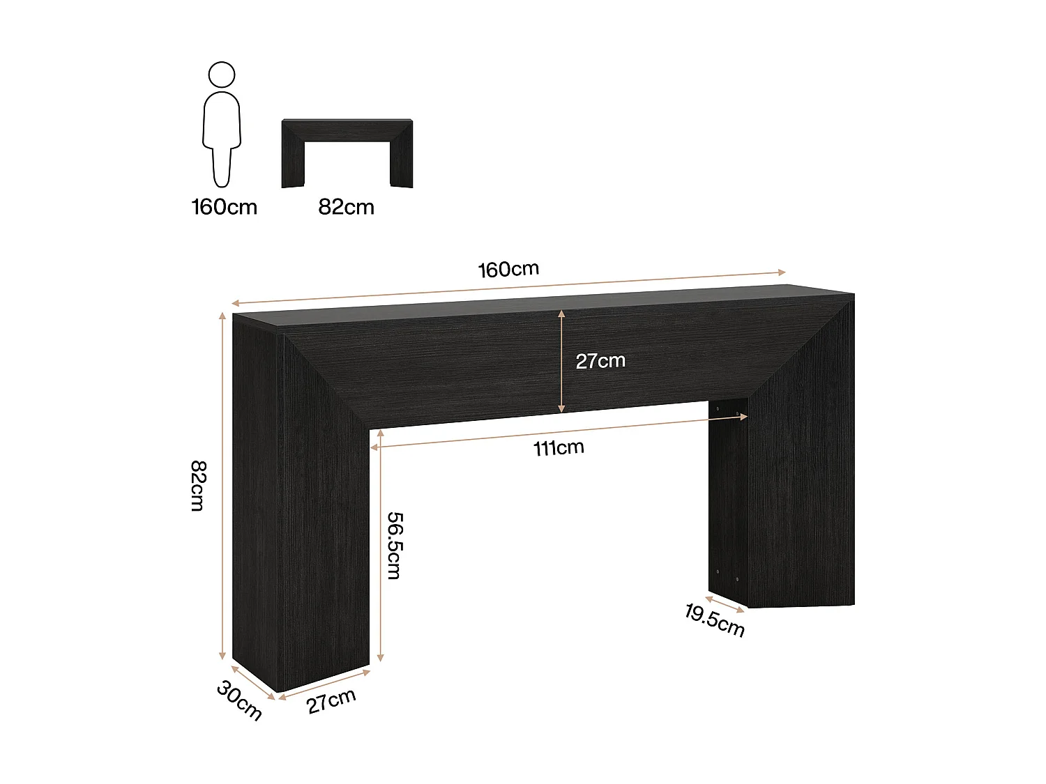 Konsole für die Eingangshalle, 160 cm extra lange schwarze Sofatabelle für das Wohnzimmer