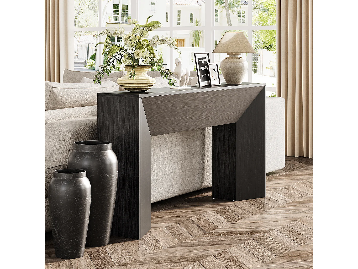 Konsole für die Eingangshalle, 160 cm extra lange schwarze Sofatabelle für das Wohnzimmer