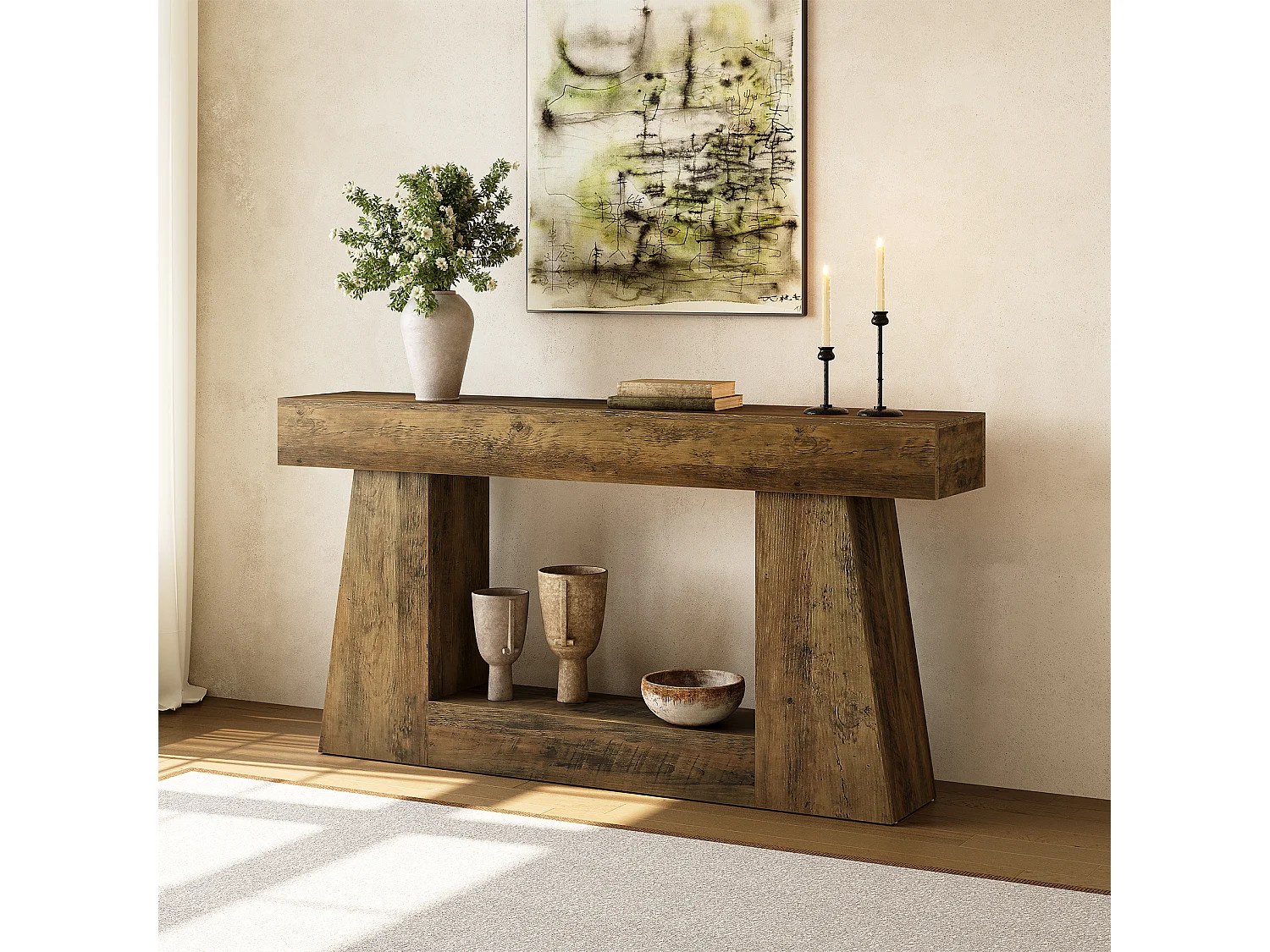 Console de style campagnard avec rangement, table d'appoint rustique pour entrée, table basse étroite à placer derrière le canapé