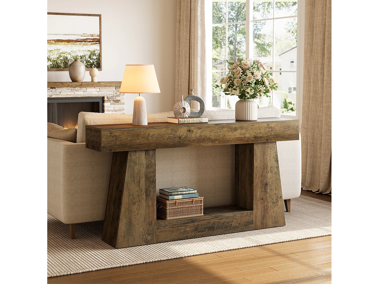 Console de style campagnard avec rangement, table d'appoint rustique pour entrée, table basse étroite à placer derrière le canapé
