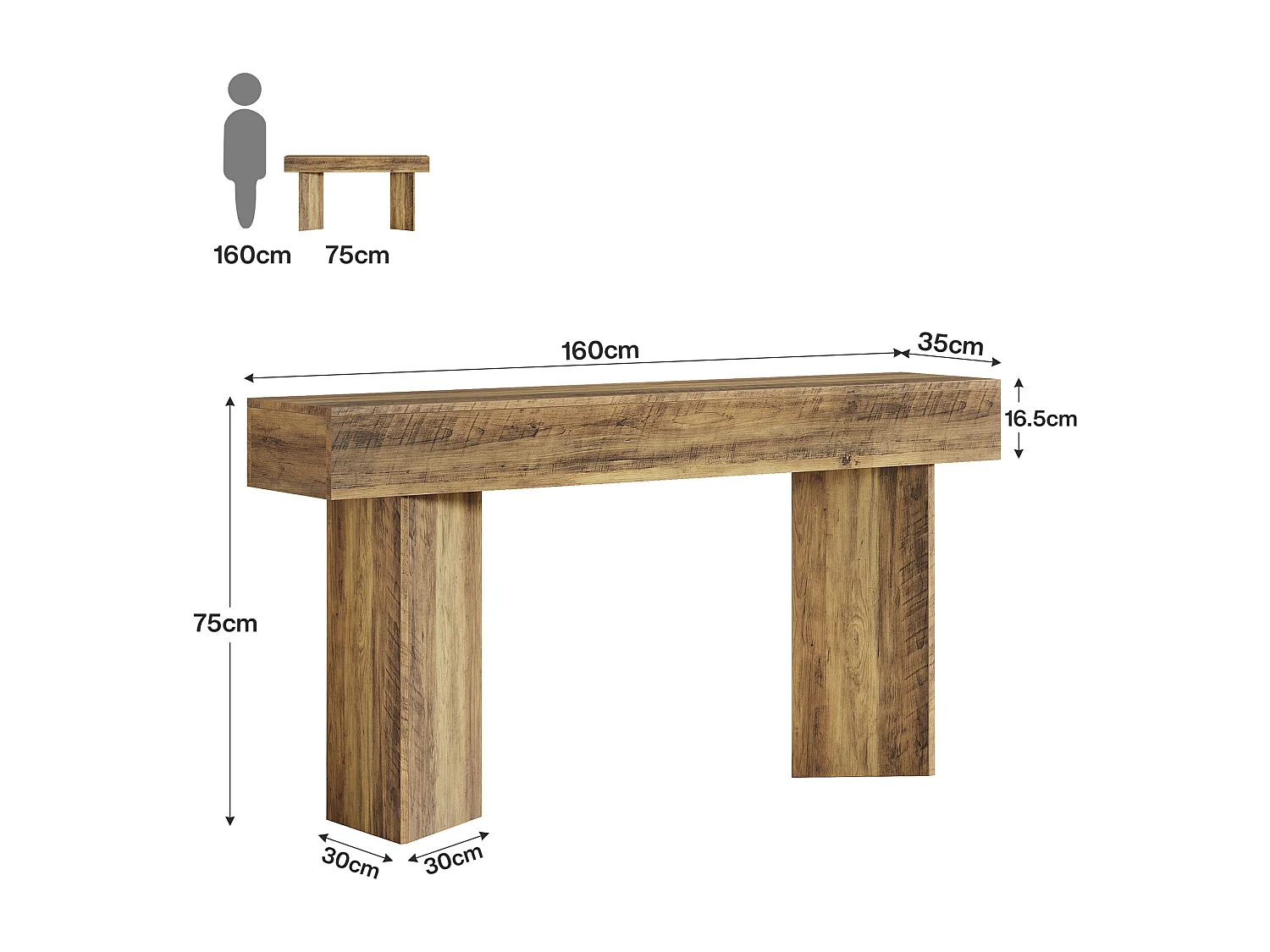 Console de 160 cm pour entrée, style rustique campagnard, en MDF marron.