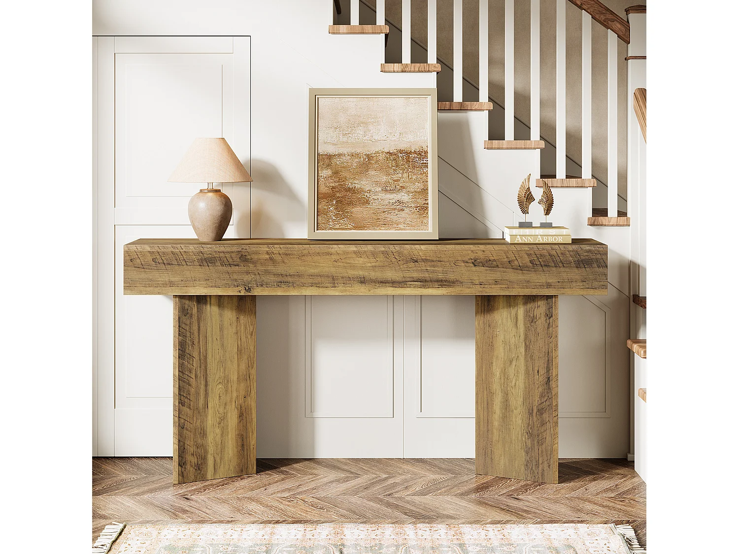 Console de 160 cm pour entrée, style rustique campagnard, en MDF marron.