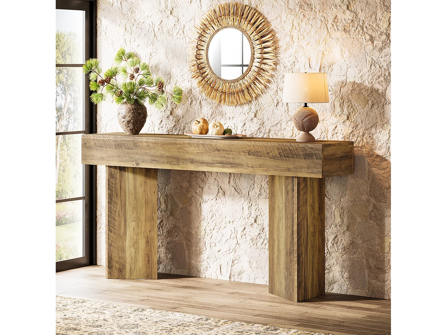 Console de 160 cm pour entrée, style rustique campagnard, en MDF marron.