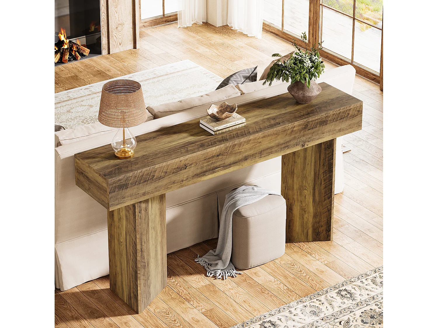 Console de 160 cm pour entrée, style rustique campagnard, en MDF marron.