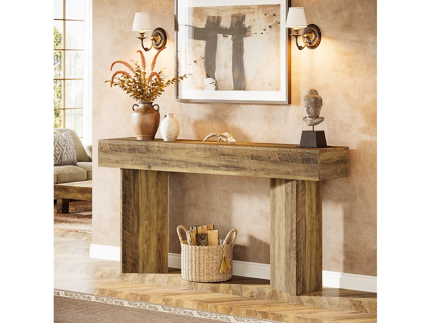 Console de 160 cm pour entrée, style rustique campagnard, en MDF marron.