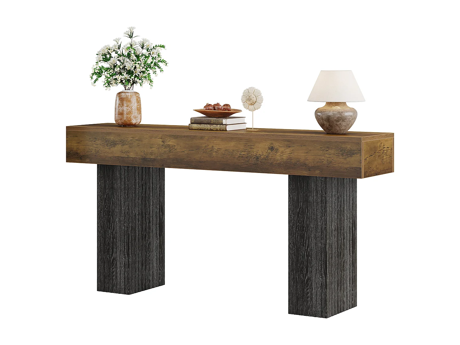 Długi stół do przedpokoju, konsola w stylu rustykalnym za kanapą do przedpokoju, korytarza, salonu