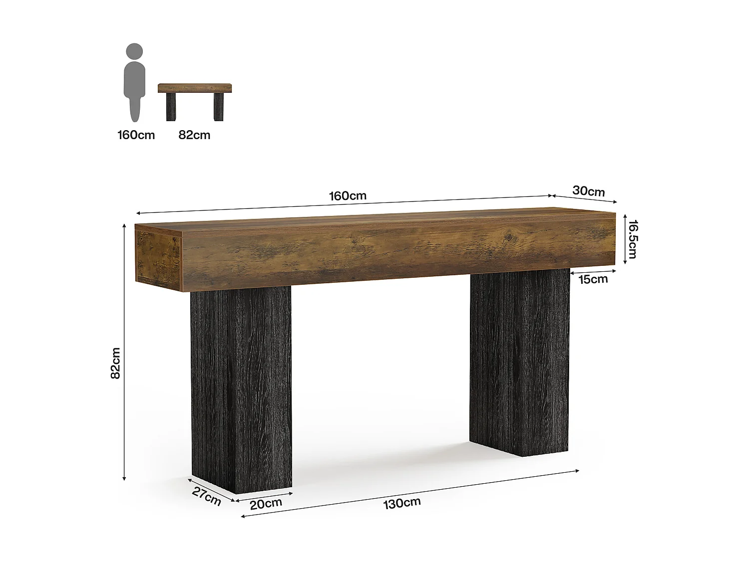 Długi stół do przedpokoju, konsola w stylu rustykalnym za kanapą do przedpokoju, korytarza, salonu