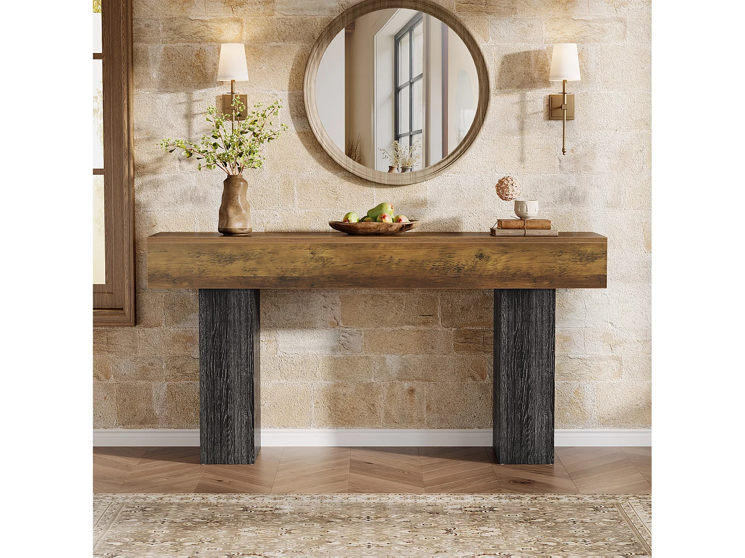 Długi stół do przedpokoju, konsola w stylu rustykalnym za kanapą do przedpokoju, korytarza, salonu