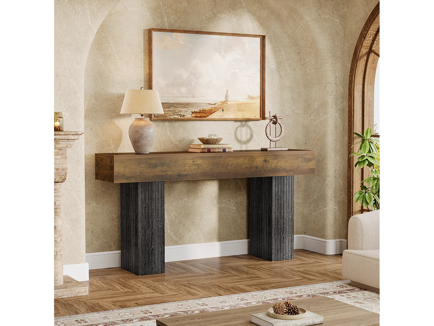 Długi stół do przedpokoju, konsola w stylu rustykalnym za kanapą do przedpokoju, korytarza, salonu