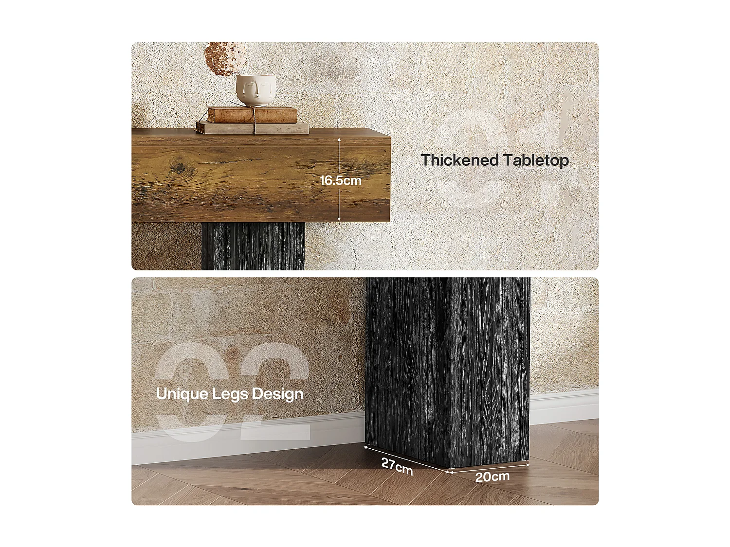 Długi stół do przedpokoju, konsola w stylu rustykalnym za kanapą do przedpokoju, korytarza, salonu