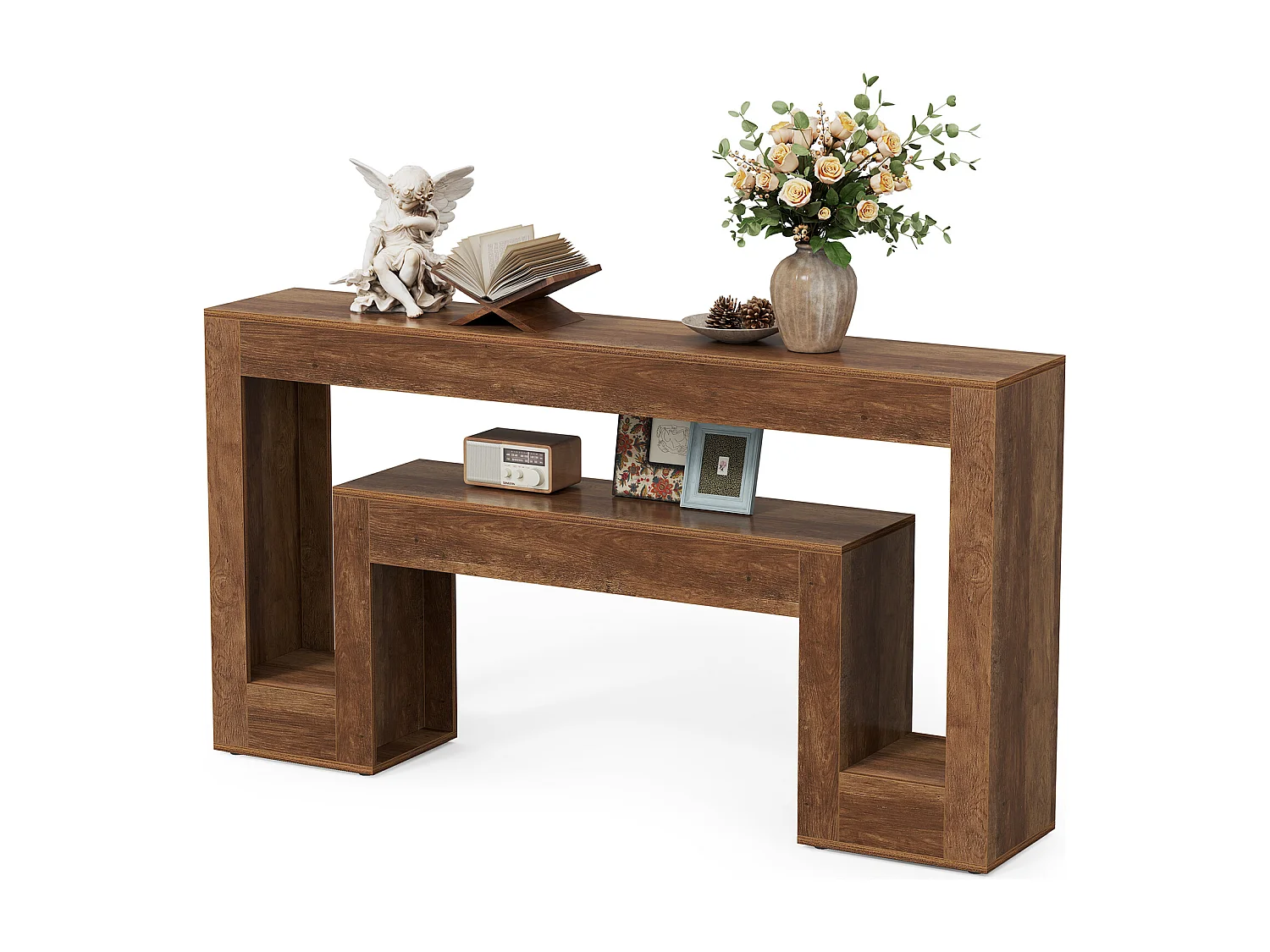 Langer Konsole Tisch mit 2-stufigem Regal, Holz Farmhaus Sofa Tisch hinter der Couch