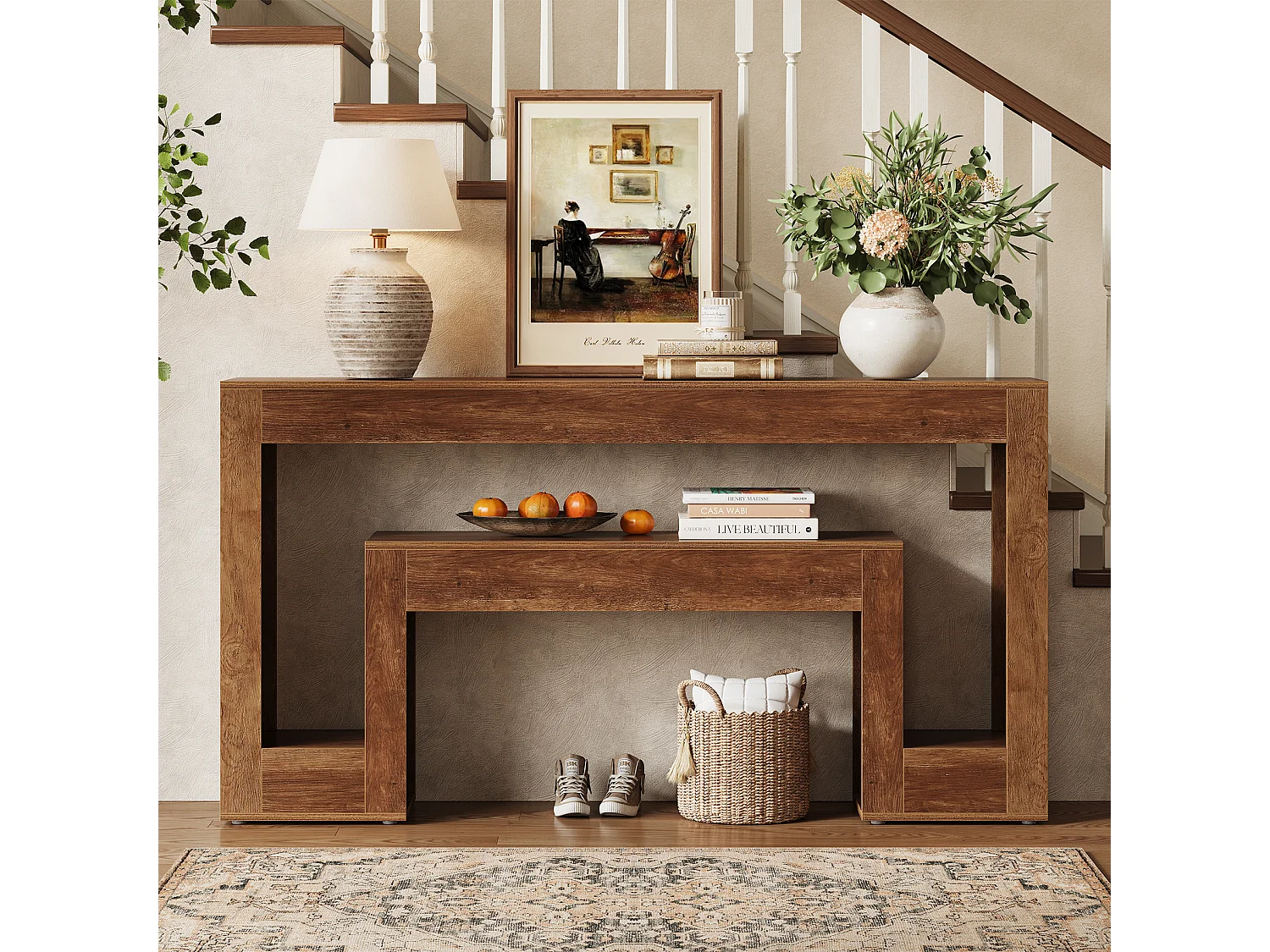 Langer Konsole Tisch mit 2-stufigem Regal, Holz Farmhaus Sofa Tisch hinter der Couch