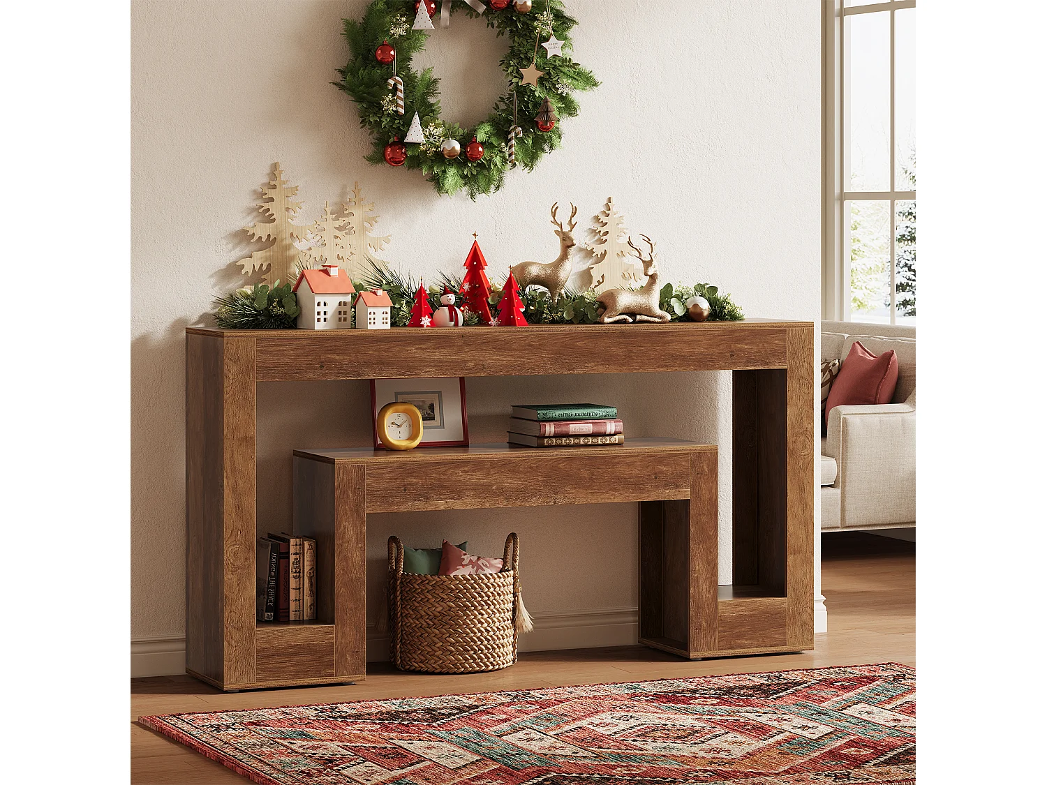 Langer Konsole Tisch mit 2-stufigem Regal, Holz Farmhaus Sofa Tisch hinter der Couch