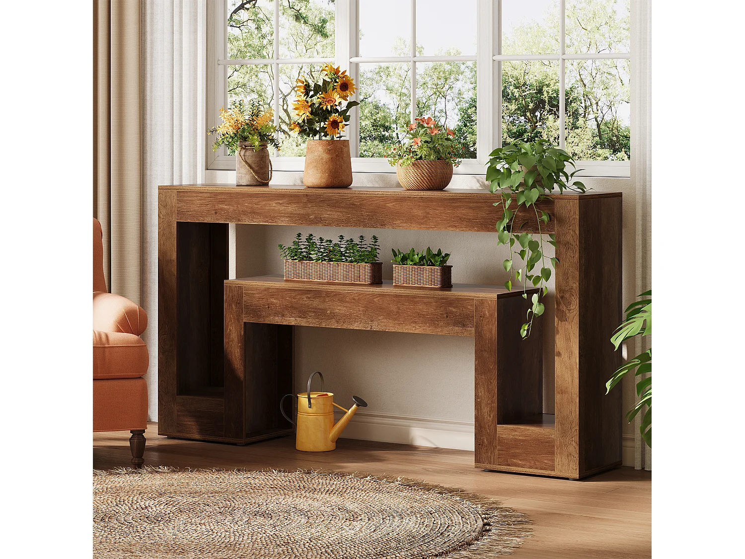 Langer Konsole Tisch mit 2-stufigem Regal, Holz Farmhaus Sofa Tisch hinter der Couch