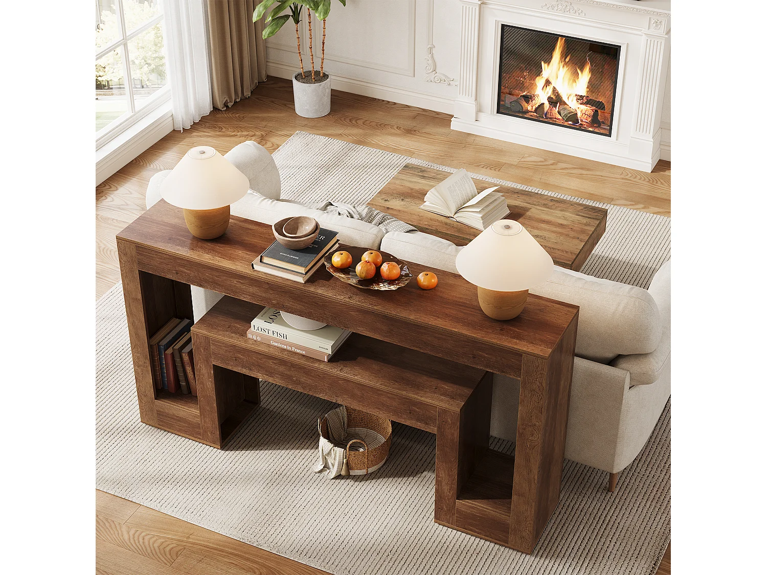 Langer Konsole Tisch mit 2-stufigem Regal, Holz Farmhaus Sofa Tisch hinter der Couch