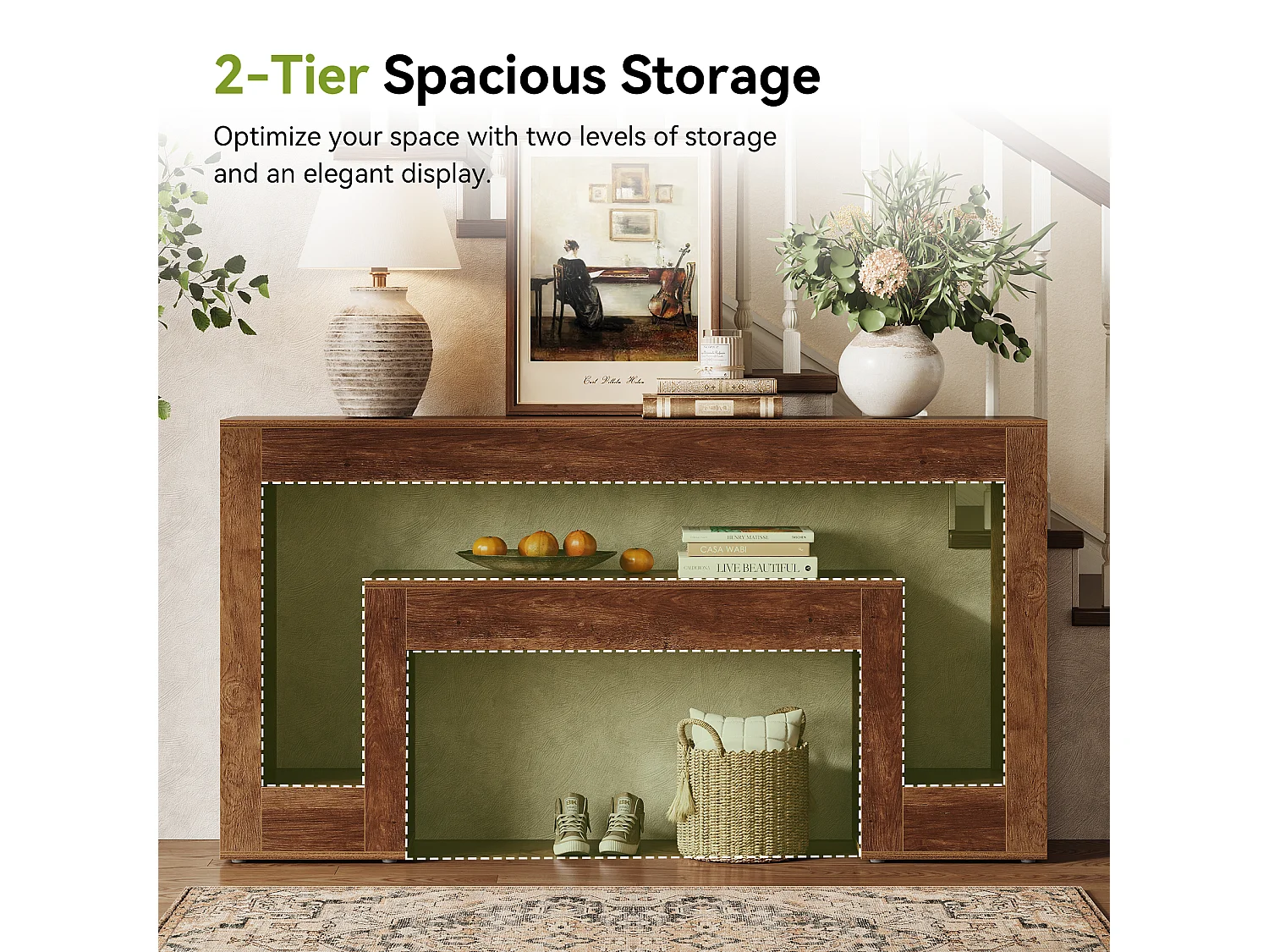 Langer Konsole Tisch mit 2-stufigem Regal, Holz Farmhaus Sofa Tisch hinter der Couch